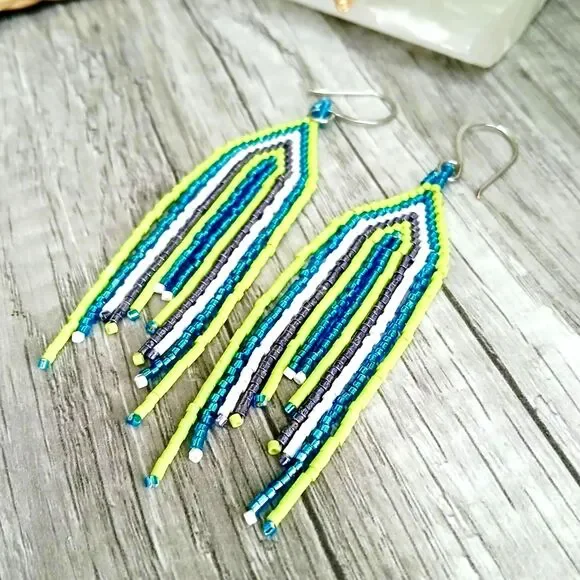 BOGO EARRINGS Boho Chic Beaded Cascade Fringe Dangle Earrings, Seed Bead 3.75" - Picture 6 of 6